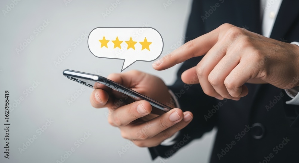 Poster smartphone user receiving five-star rating feedback. clean modern digital interaction with golden st