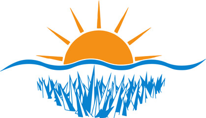 Obraz premium Stylized logo of sunrise over water and grass