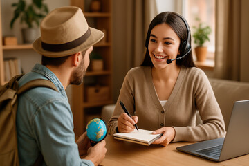 Travel Consultation: A professional travel agent provides personalized advice to a potential traveler, discussing destinations, and itineraries, while focusing on excellent customer service. 