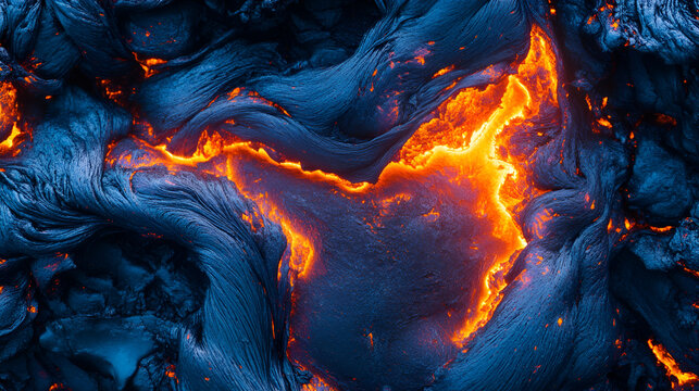 Flowing lava orange hot stream inside dark textured basaltic rock formations