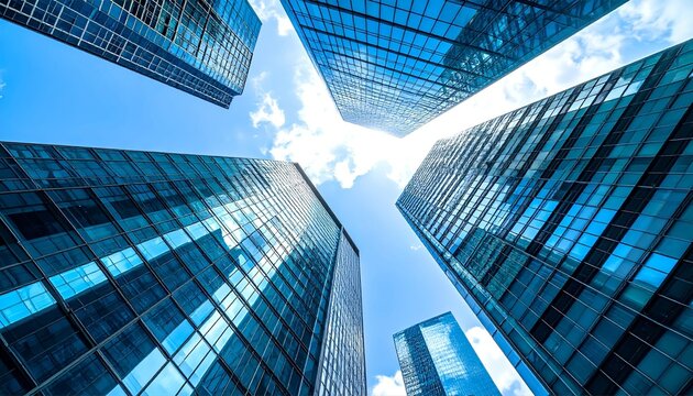 Futuristic glass skyscrapers with reflective surfaces. Low-angle view highlights modern corporate architecture under a blue sky.