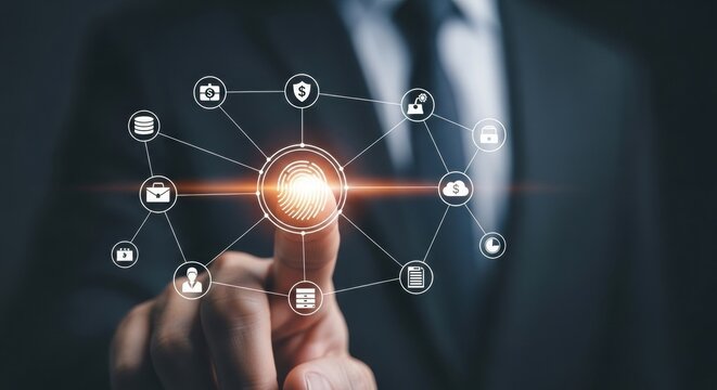 Fingerprint authentication for secure digital network. High-tech financial and data access interface.