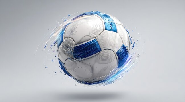 Dynamic soccer ball in motion, with splashes and streaks of light blue surrounding it against a neutral background - Powered by Adobe
