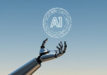 Fototapeta premium Robotic hand holding a glowing ai symbol against a soft blue sky