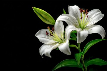 Fototapeta premium White lilies bloom gracefully in a dark setting, showcasing their delicate petals and vibrant green leaves