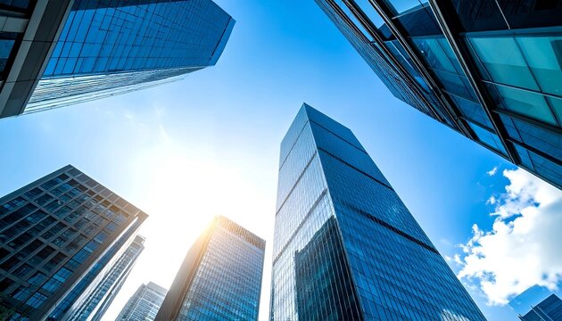 Modern corporate skyline with reflective high-rises viewed from below. Clean architecture and dynamic urban scene on a sunny day. - Powered by Adobe