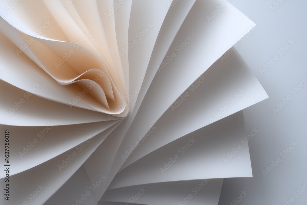 Poster artistic arrangement of folded paper creating a spiraled design in soft neutral tones