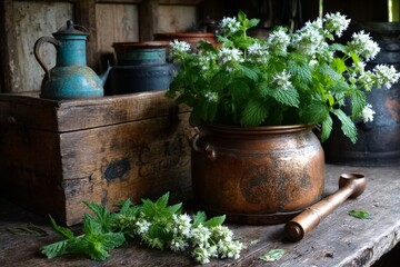 Obraz premium Copper pot filled with fresh mint leaves and flowers beside rustic wooden crate in a cozy workshop