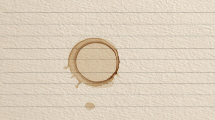 A sheet of lined paper with a subtle, dried water ring stain, from a coffee cup, on white background.