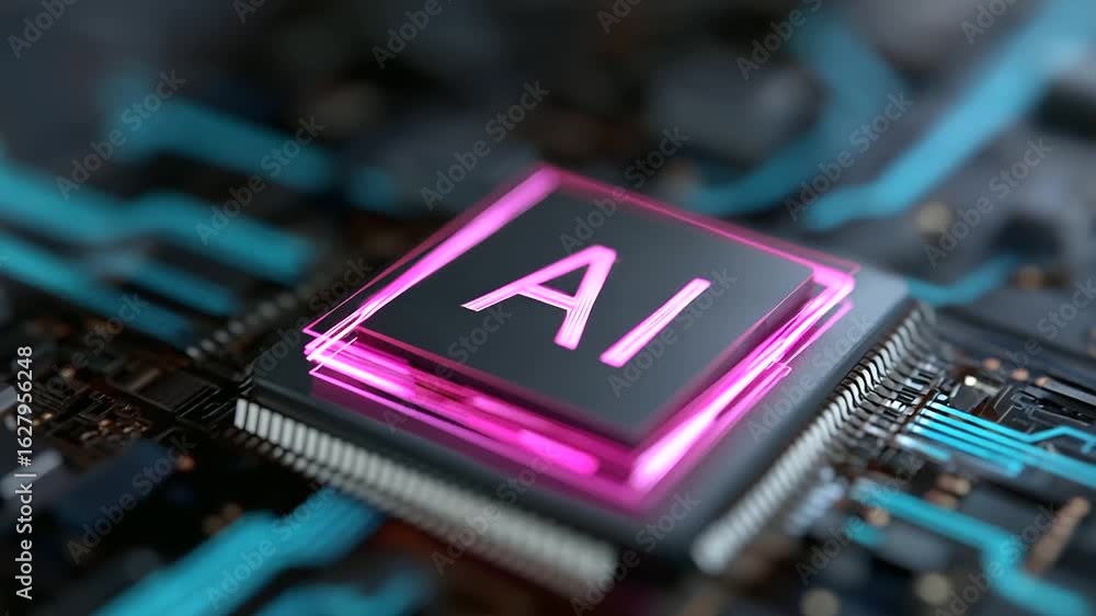 Poster cutting-edge ai microchip showcasing advanced holographic display technology.