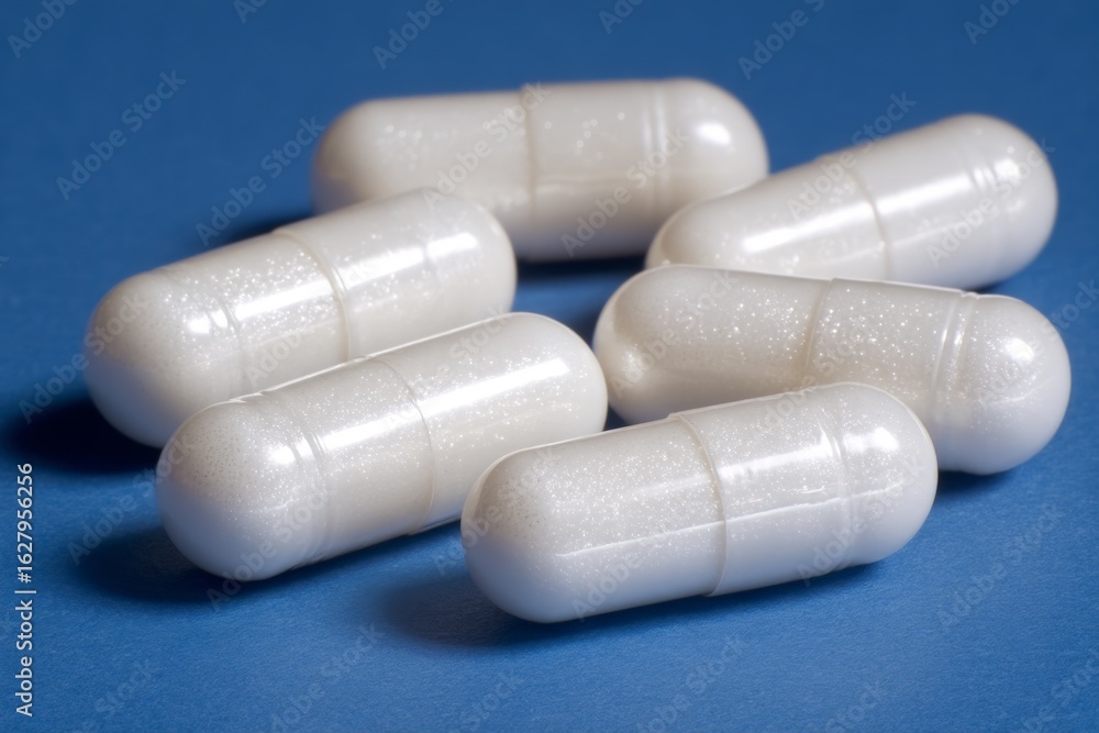 Poster white capsules arranged on a blue surface with soft shadows, highlighting their smooth texture and u