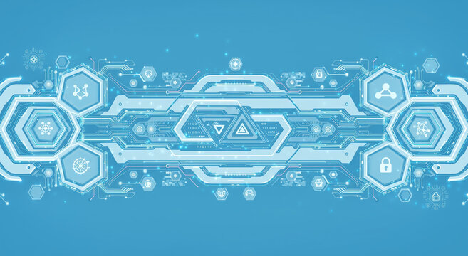 A digital abstract background featuring a complex, hexagonal circuit board pattern in light blue and white, with various icons representing data, security, and technology. Ideal for themes of artifici - Powered by Adobe