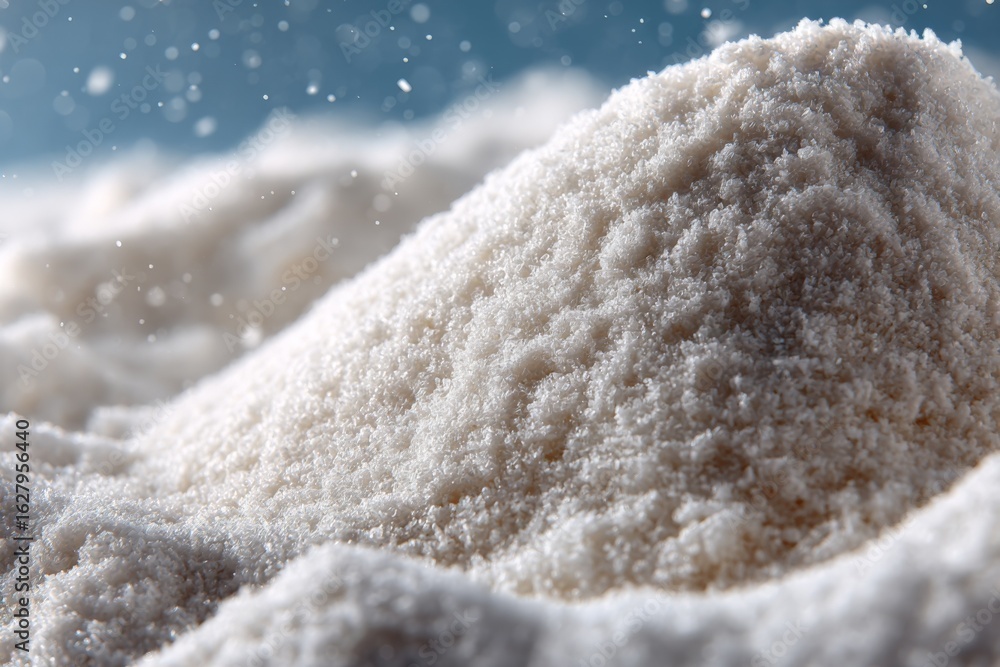 Poster close-up view of fine white sand grains captured with soft lighting, emphasizing texture and details