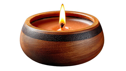 Candle's Cozy Glow: A warmly lit candle, set in a rustic wooden holder, gently flickers, casting a tranquil ambiance, perfect for relaxation and cozy atmosphere.
