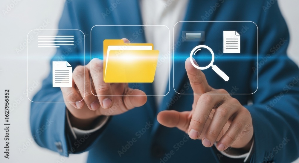 Poster executive searching digital files on holographic interface. businessman interacting with yellow fold