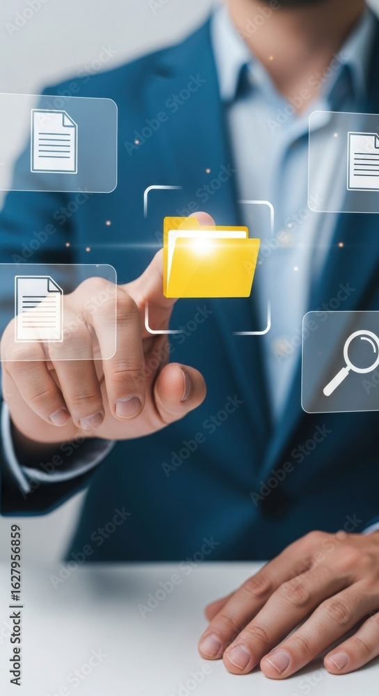 Poster executive searching digital files on holographic interface. businessman interacting with yellow fold