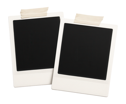 Two blank instant photo frames taped with adhesive tape are displayed diagonally on transparent background.