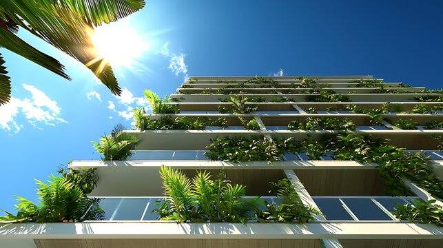 Lush vertical garden skyscraper, sunlit,  with balconies and greenery