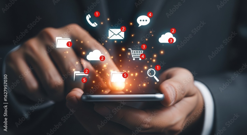 Poster smartphone user receiving multiple digital notifications. businessman checking glowing app alerts on