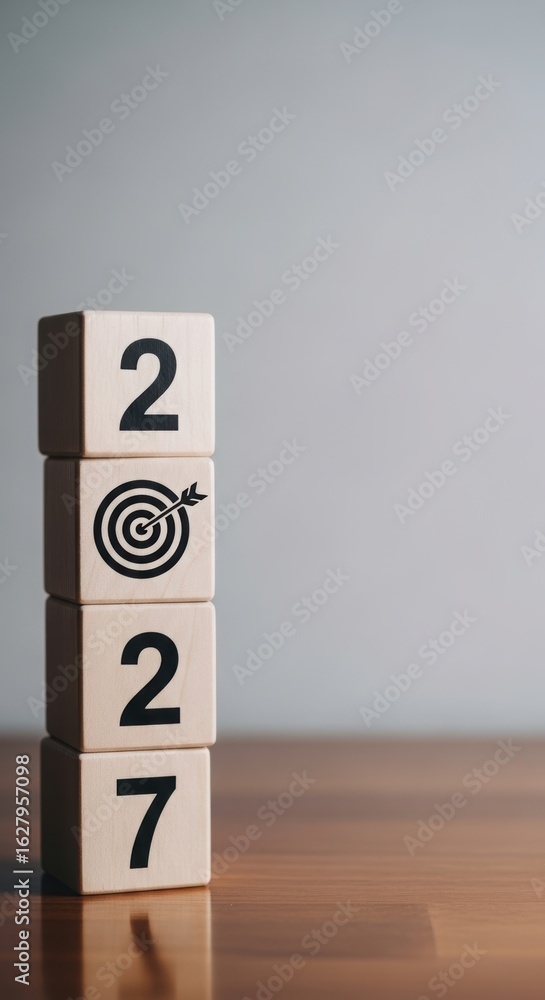 Poster minimalist wooden blocks displaying numbers and target symbol. modern professional decor with numeri