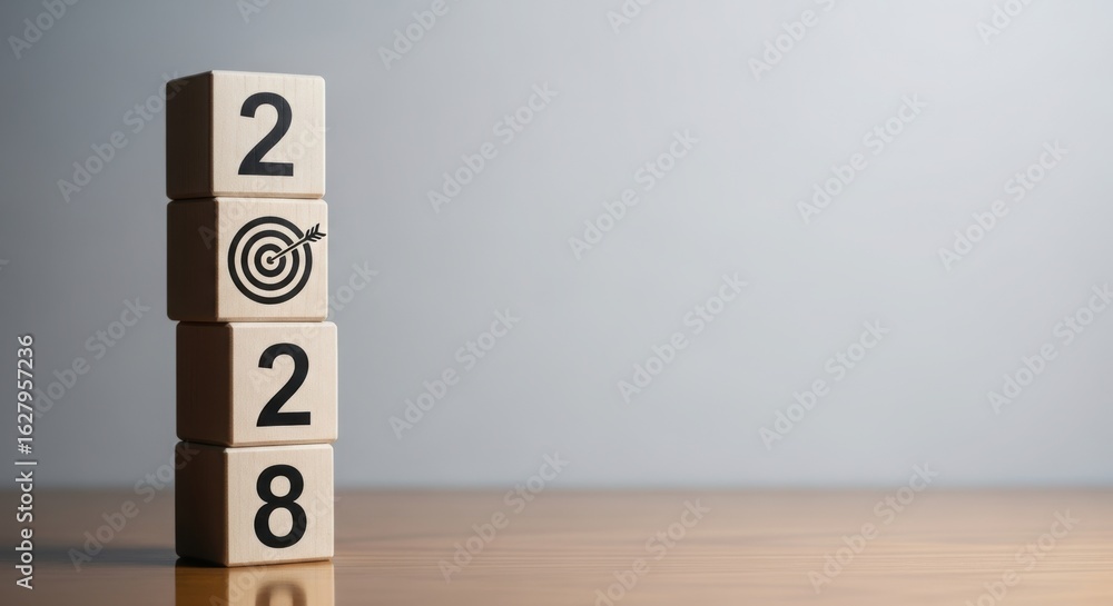 Poster wooden number blocks displaying 2, target, 2, and 8. minimalist wooden block stack with bullseye and