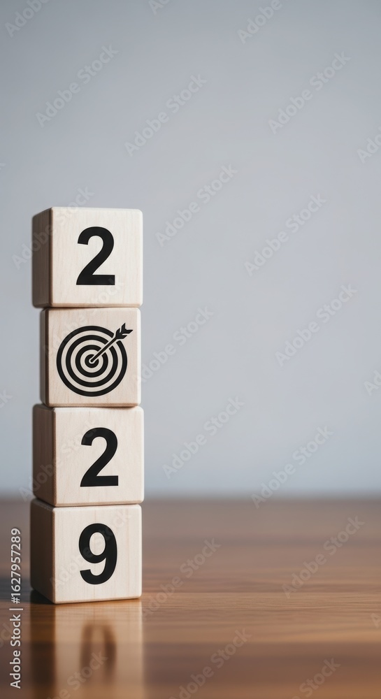 Poster wooden number blocks arranged as 2, target, 2, and 9. clean and modern wooden block stack with bulls