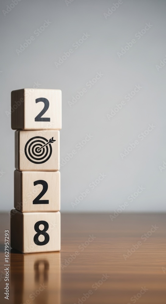 Poster wooden number blocks displaying 2, target, 2, and 8. minimalist wooden block stack with bullseye and