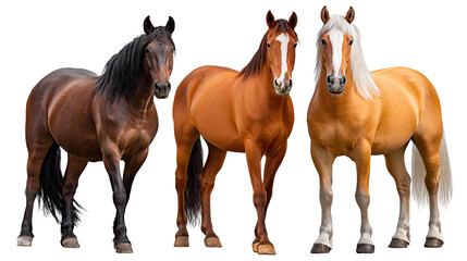 Obraz premium Equestrian Trio: A striking composition of three majestic horses, each showcasing unique coat color and elegant posture, embody the power and grace of equine beauty.