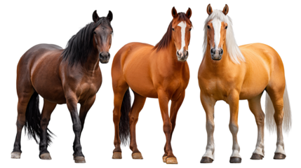 Equestrian Trio: A striking composition of three majestic horses, each showcasing unique coat color and elegant posture, embody the power and grace of equine beauty.