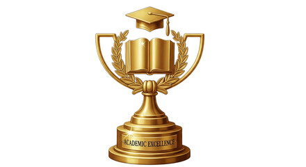 Academic Excellence award trophy with graduation cap and open book isolated PNG with Transparent Background