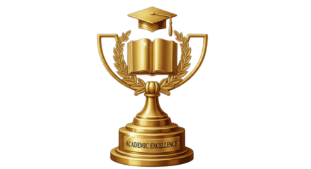 Academic Excellence award trophy with graduation cap and open book isolated PNG with Transparent Background