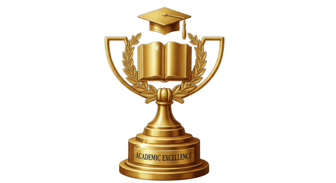 Academic Excellence award trophy with graduation cap and open book isolated PNG with Transparent Background - Powered by Adobe