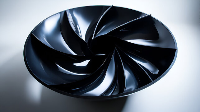 Shiny black impeller with curved blades centered on a smooth gradient background