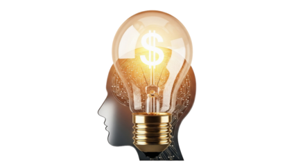 Head profile silhouette with lightbulb and dollar sign inside isolated PNG with Transparent Background