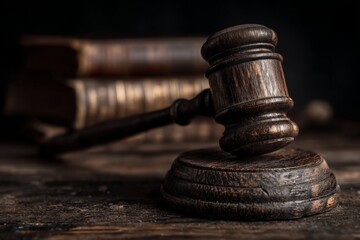 Wooden gavel rests on a wooden surface beside law books in a dimly lit setting, symbolizing legal proceedings