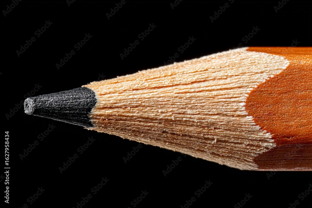 Poster close-up of a sharpened pencil tip displaying fine details and texture on a black background