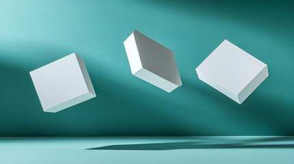 Three white boxes float in a teal room with light and shadow play