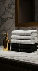 Luxurious stack of neatly folded white grey and black bath towels on a marble countertop with a golden bottle of perfume