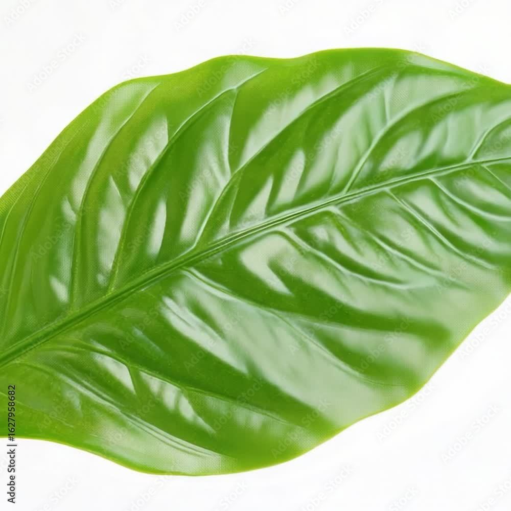 Poster a close-up shot of a single green leaf on a white background, suitable for use in designs and compos