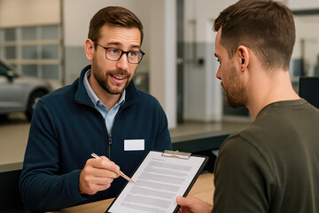 Service Consultation: A skilled service advisor reviews a document with a customer at a service station reception, discussing details and ensuring satisfaction.