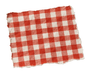 Red and white checkered fabric square with frayed edges on transparent background.