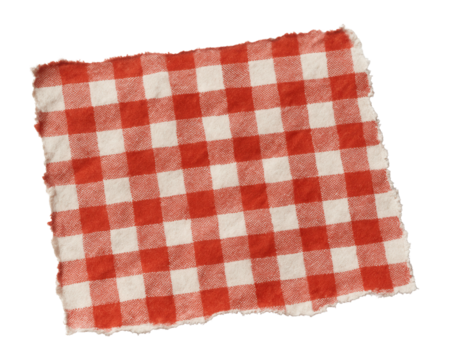 Red and white checkered fabric square with frayed edges on transparent background.