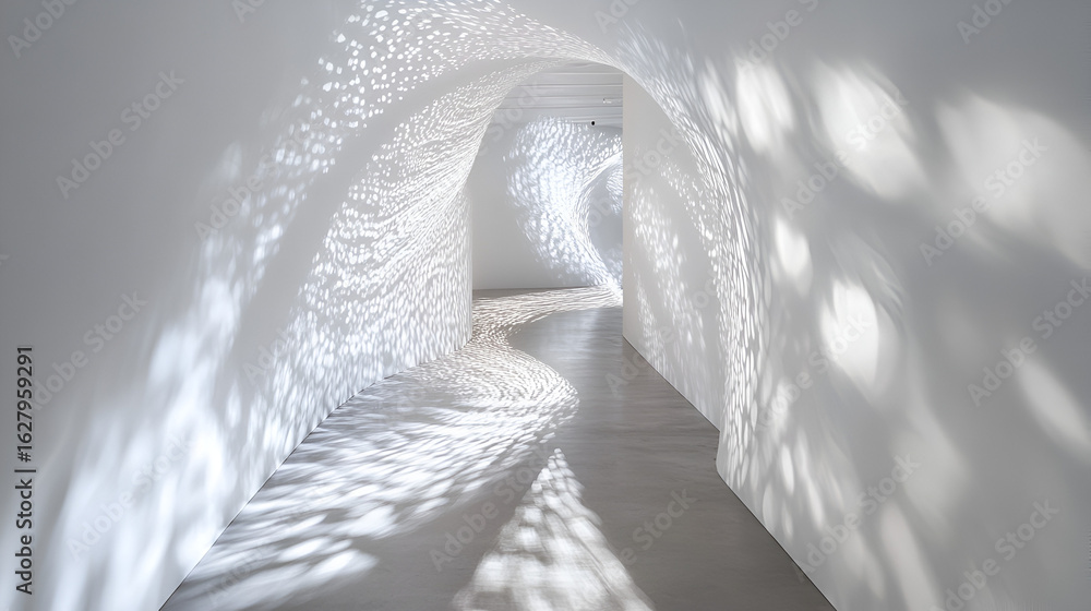 Poster white tunnel with abstract light patterns on walls and floor