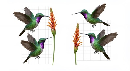 Obraz premium Four hummingbirds in flight around orange flowers