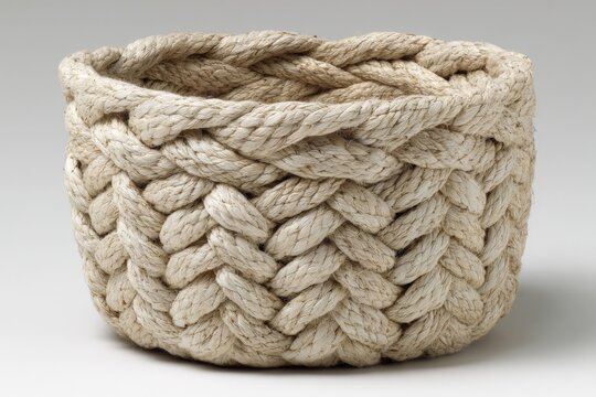 Handmade braided rope basket perfect for storage or decoration in a minimalist home setting