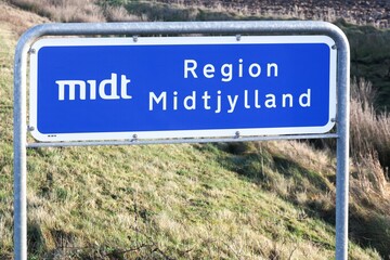 Central Denmark region road sign called Midtjylland in Danish language