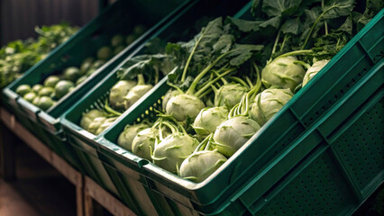 Fresh vegetables are arranged neatly on a market counter, showcasing a variety of greens and kohlrabi. The inviting autumn hues highlight the seasonal bounty