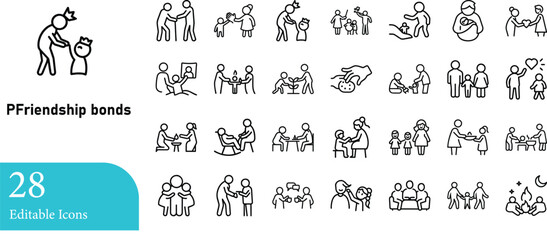 A collection of clean and modern outline illustrations depicting various family and friendship activities showing connection