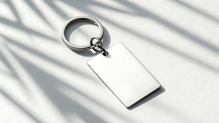 Blank rectangular metal keychain with silver ring on white surface with leaf shadows image
