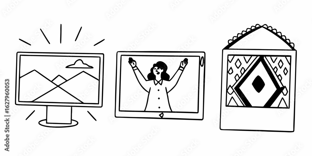 Poster three screens displaying a landscape a person with raised arms and a patterned geometric design